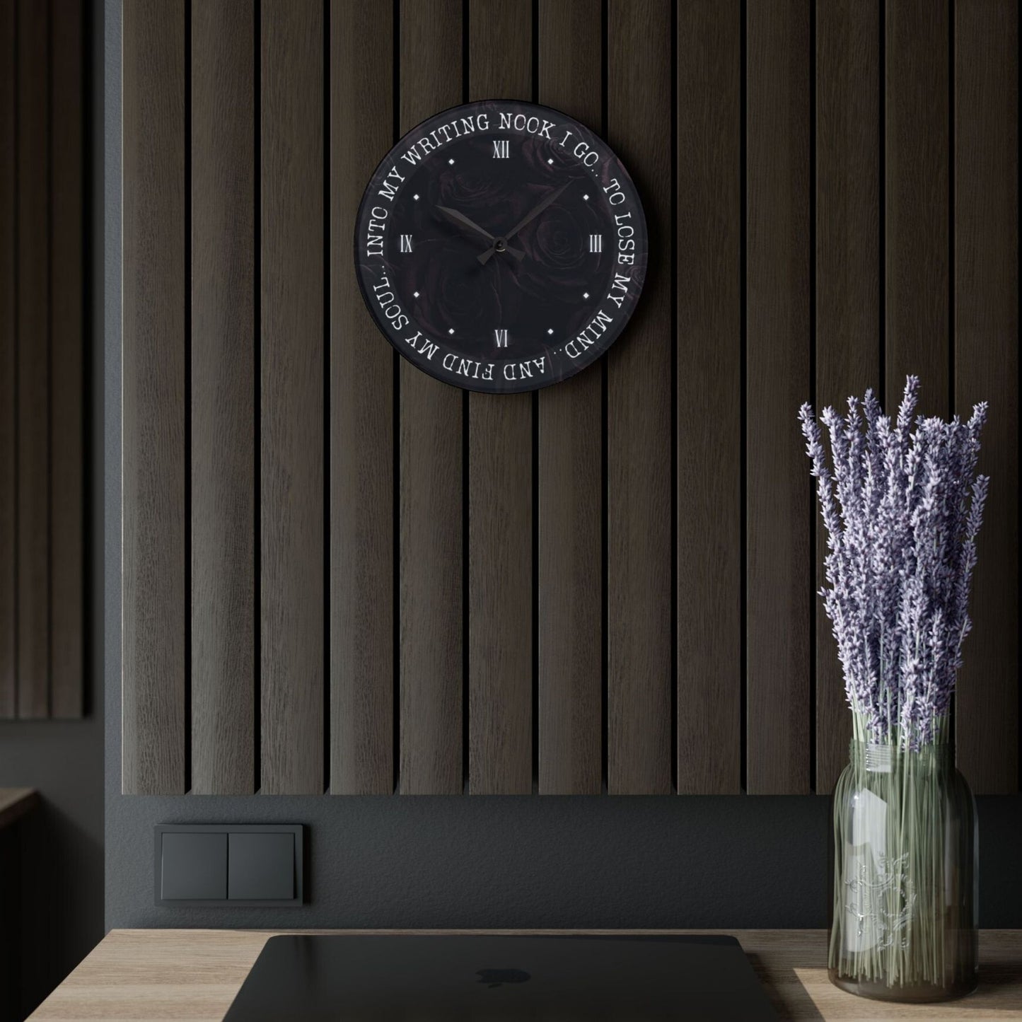 "Into My Writing Nook" Black Rose Wall Clock