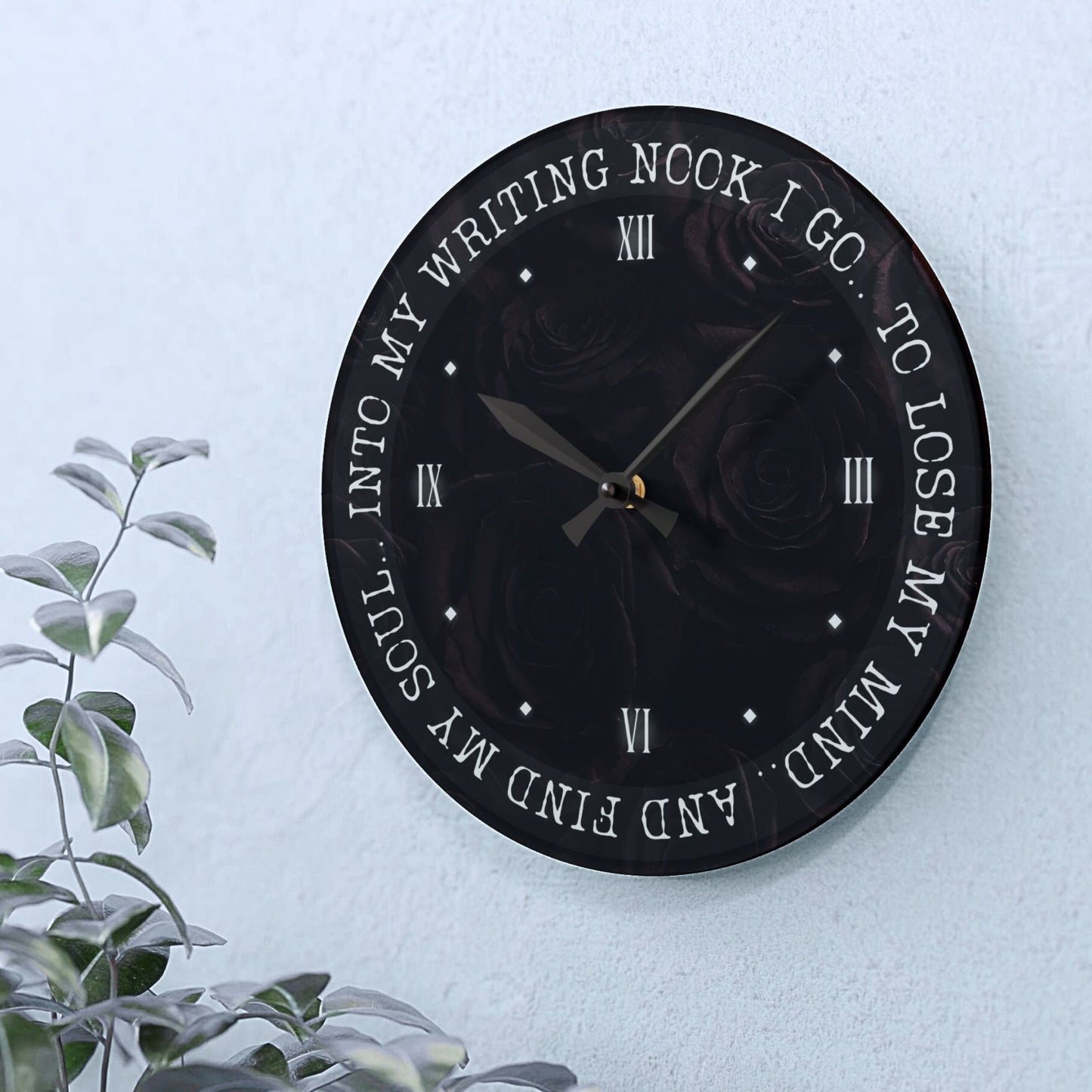 "Into My Writing Nook" Black Rose Wall Clock